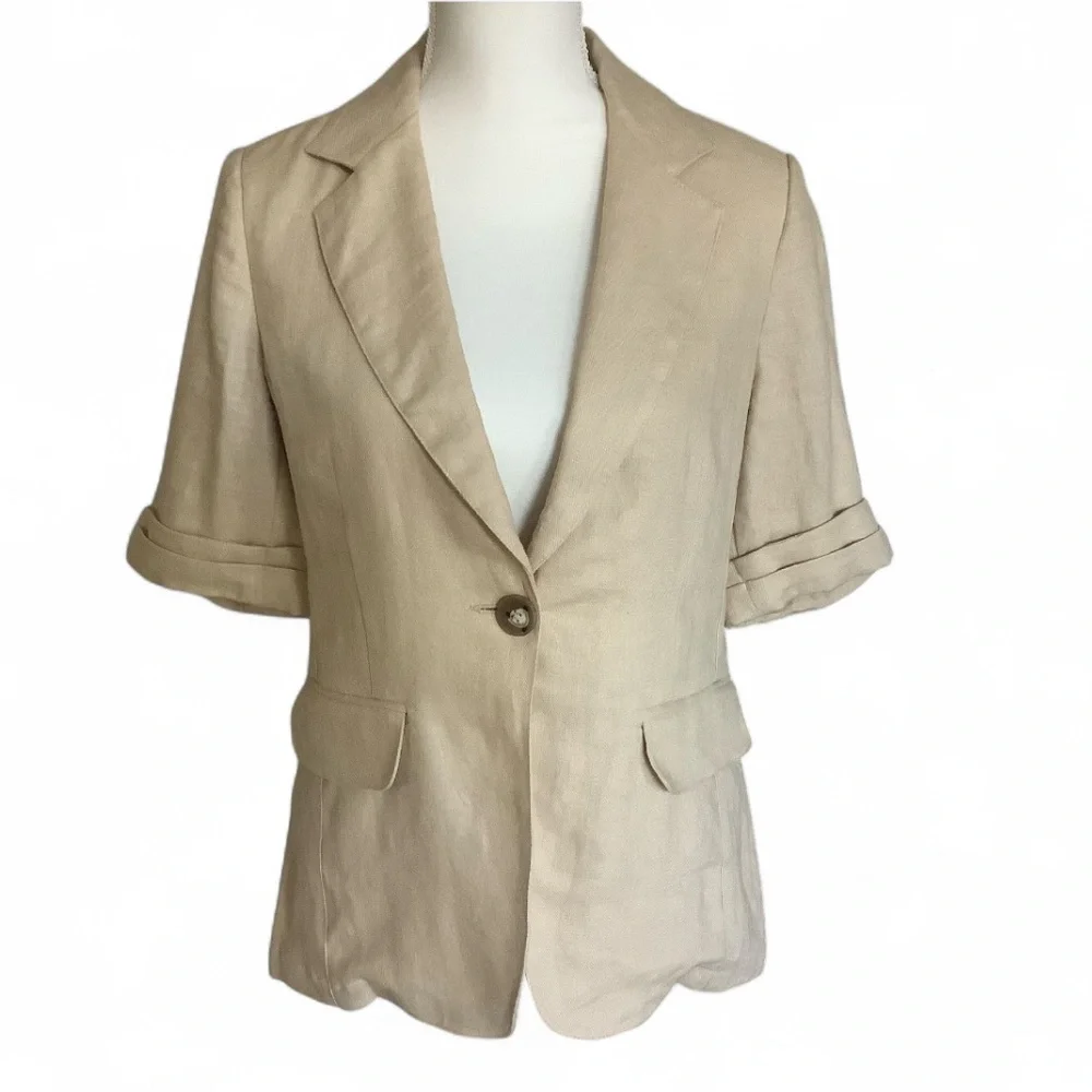 Cabi Linen Tan Safari SS Button Front Blazer Jacket Classic Small Minimalist
